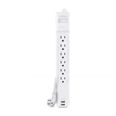 Cyber Power - CSP606U42A - 6-Outlet Surge Protector with 2 USB 2.4A, 900 Joules, 6FT Cord, EMI/RFI Filtering, White, $75,000K CEG AND 15a non-lighted Switch