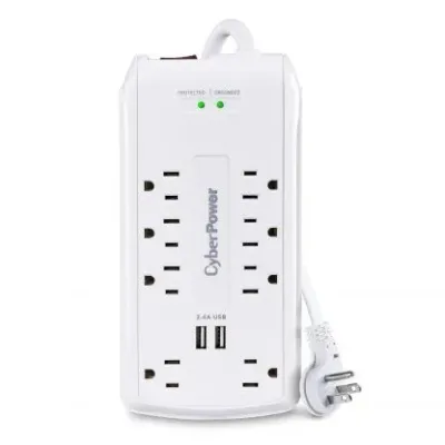 CYBERPOWER - CSP806U - 8-Outlet Surge Protector with 3200 Joules, 6FT Cord, 2-USB Ports 2.4A, EMI/RFI filtering, white, and $320,000K CEG