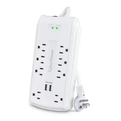 CYBERPOWER - CSP806U - 8-Outlet Surge Protector with 3200 Joules, 6FT Cord, 2-USB Ports 2.4A, EMI/RFI filtering, white, and $320,000K CEG