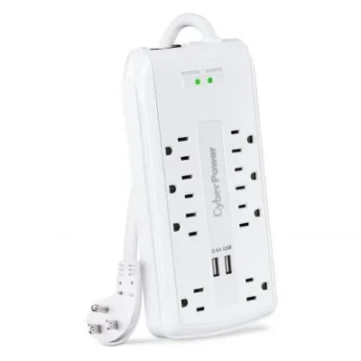 CYBERPOWER - CSP806U - 8-Outlet Surge Protector with 3200 Joules, 6FT Cord, 2-USB Ports 2.4A, EMI/RFI filtering, white, and $320,000K CEG