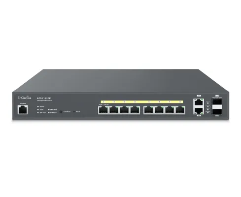 EnGenius - ECS1112FP - 8-Port Cloud Managed 1U Rack-Mount 13" Gigabit L2 PoE+ Switch, 2x1Gb SFP, 802.3af/at, 130W