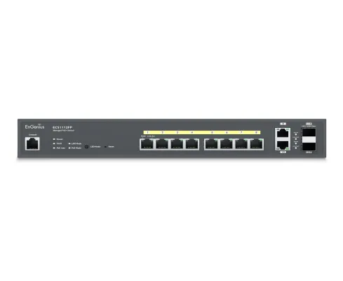 EnGenius - ECS1112FP - 8-Port Cloud Managed 1U Rack-Mount 13" Gigabit L2 PoE+ Switch, 2x1Gb SFP, 802.3af/at, 130W