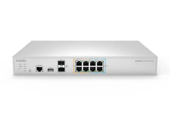 EnGenius - ESG620 - EnGenius Cloud Managed ESG620 2.2 GHz Quad-Core SD-WAN Gateway with Dual-WAN, 8 2.5 GbE LAN (4 PoE+), Auto-VPN, stateful firewall, and cellular failover.