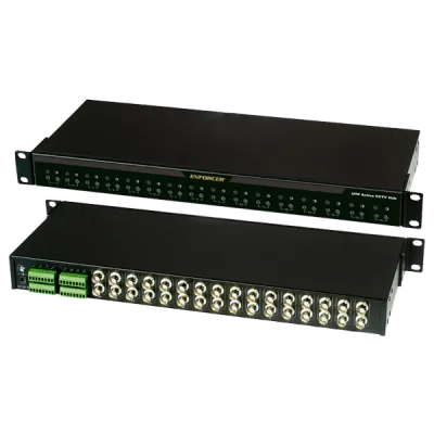 SECO-LARM - EVT-AH16-VT2Q - 1U 16-Channel Active Balun Hub. Allows up to 16 CCTV cameras to be connected via inexpensive Cat5e/6 UTP cable. Rack mount or stackable. 16 Video inputs (terminal block). 32 Video outputs (2 per channel). Dual voltage: 12/