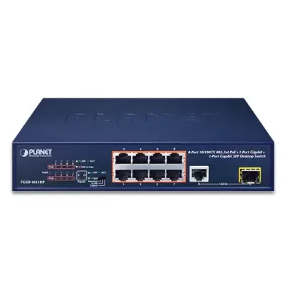 Planet - FGSD-1011HP - 8-Port 10/100TX 802.3at PoE + 1-Port 10/100/1000T + 1-Port 100/1000X SFP Desktop Switch (120W PoE Budget, Standard/VLAN/Extend mode, 10-inch and rack-mountable)
