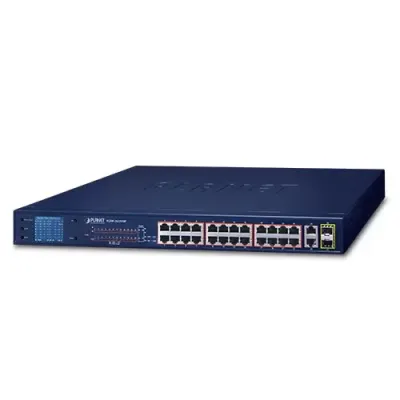 Planet - FGSW-2622VHP - 24-Port 10/100TX 802.3at PoE + 2-Port 10/100/1000T + 2-Port 1000X SFP Ethernet Switch with smart color LCD (300W PoE Budget, Standard/VLAN/Extend mode, PoE Budget, bandwidth control, PD alive check setup over LCD )