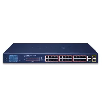 Planet - FGSW-2622VHP - 24-Port 10/100TX 802.3at PoE + 2-Port 10/100/1000T + 2-Port 1000X SFP Ethernet Switch with smart color LCD (300W PoE Budget, Standard/VLAN/Extend mode, PoE Budget, bandwidth control, PD alive check setup over LCD )