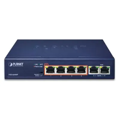 PLANET - FSD-604HP - 4-Port 10/100TX 802.3at POE + 2-Port 10/100TX Desktop Switch (60W POE Budget, 250m Extend mode, fanless, internal Power Supply)