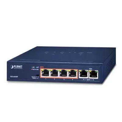 PLANET - FSD-604HP - 4-Port 10/100TX 802.3at POE + 2-Port 10/100TX Desktop Switch (60W POE Budget, 250m Extend mode, fanless, internal Power Supply)