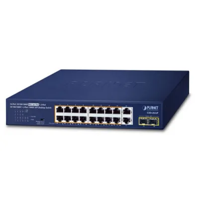 Planet - GSD-2022P - 16-Port 10/100/1000T 802.3at PoE + 2-Port 10/100/1000T + 2-Port 1000X SFP Unmanaged Gigabit Ethernet Switch (185W PoE Budget, Standard/VLAN/Extend mode, supports PD alive check, desktop size with rackmount kit)