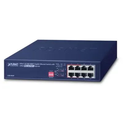 PLANET - GSD-804P - 10" 8-Port 10/100/1000 Gigabit Ethernet Switch with 4-Port 802.3at PoE+ Injector (60W PoE Budget, 200m Extend mode and fanless)