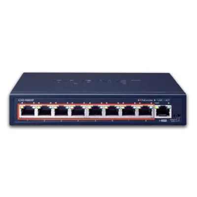 Planet - GSD-908HP - 8-Port 10/100/1000T Gigabit 802.3at POE Ethernet Switch plus 1-Port Gigabit Ethernet Switch (100W POE Budget with External Power Supply, VLAN mode support)