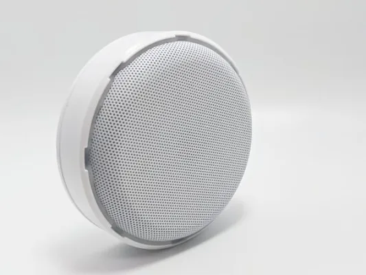 Hanwha - HNW-SS-800 - Line level ceiling mounted microphone. Omni-Directional pickup with 12’ radius/24’ diameter. 12Vdc power required @20mA.  30Hz-15kHz. 2.2kΩ Output Impedance, 60dB SNR, 3 1/8”D x 1’H