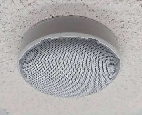 Hanwha - HNW-SS-800 - Line level ceiling mounted microphone. Omni-Directional pickup with 12’ radius/24’ diameter. 12Vdc power required @20mA.  30Hz-15kHz. 2.2kΩ Output Impedance, 60dB SNR, 3 1/8”D x 1’H
