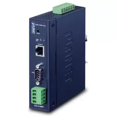 Planet - ICS-2100T - IP30 Industrial 1-Port RS232/RS422/RS485 Serial Device Server (1 x 10/100BASE-TX, -40~75 degrees C, dual 9~48V DC, Web, Telnet and SNMP management )