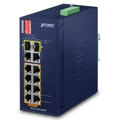 Planet - IFGS-1022HPT - IP30 Industrial 8-Port 10/100TX 802.3at PoE + 2-Port Gigabit TP/SFP combo Ethernet Switch (-40 to 75 C, 250m Extend mode, dual redundant power input on 48~56VDC terminal block)