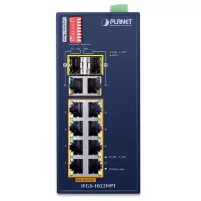 Planet - IFGS-1022HPT - IP30 Industrial 8-Port 10/100TX 802.3at PoE + 2-Port Gigabit TP/SFP combo Ethernet Switch (-40 to 75 C, 250m Extend mode, dual redundant power input on 48~56VDC terminal block)