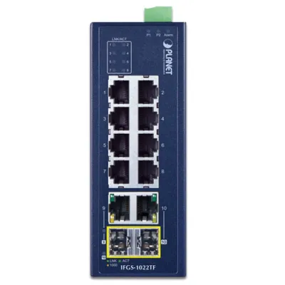 Planet - IFGS-1022TF -  IP30 Industrial 8-Port 10/100TX + 2-Port Gigabit TP/SFP Combo Ethernet Switch