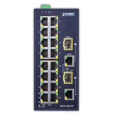 PLANET - IFGS-1822TF - Industrial 16-Port 10/100TX + 2-Port Gigabit TP/SFP Combo Ethernet Switch (-40~75C)