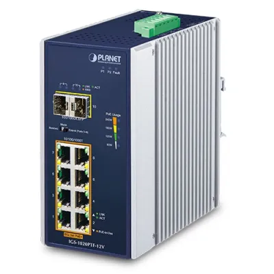 Planet - IGS-1020PTF-12V - IP30 Industrial 8-Port 10/100/1000T 802.3at PoE + 2-Port 100/1000X SFP Ethernet Switch w/ 12V Booster (-40~75 degrees C)
