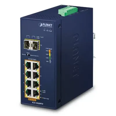 Planet - IGS-1020PTF - Industrial 8-Port 10/100/1000T 802.3at PoE + 2-Port 100/1000X SFP Ethernet Switch