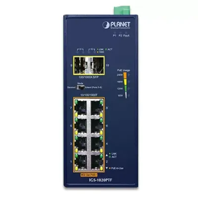 Planet - IGS-1020PTF - Industrial 8-Port 10/100/1000T 802.3at PoE + 2-Port 100/1000X SFP Ethernet Switch