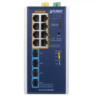 PLANET - IGS-4215-8UP4X - Industrial L2/L4 8-Port 10/100/1000T 802.3bt PoE + 4-Port 10G SFP+ Managed Ethernet Switch