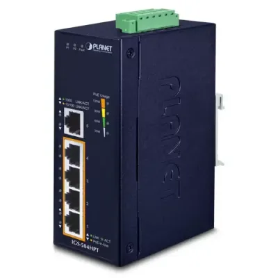 Planet - IGS-504HPT - IP40 Industrial 4-Port 10/100/1000T 802.3at PoE + 1-Port 10/100/1000T Gigabit Ethernet Switch(-40 to 75 C, dual 12V~56V DC power boost, PoE Usage LED)
