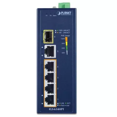 Planet - IGS-614HPT - Industrial 4-Port 10/100/1000T 802.3at PoE + 1-Port 10/100/1000T + 1-Port 100/1000X SFP Gigabit Ethernet Switch