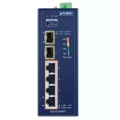 Planet - IGS-624HPT - Industrial 4-Port 10/100/1000T 802.3at PoE + 2-Port 100/1000X SFP Ethernet Switch
