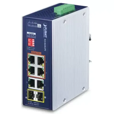 Planet - IGS-824UPT - Industrial 4-Port 10/100/1000T 802.3bt PoE + 2-Port 10/100/1000T + 2-Port 100/1000X SFP Gigabit Ethernet Switch