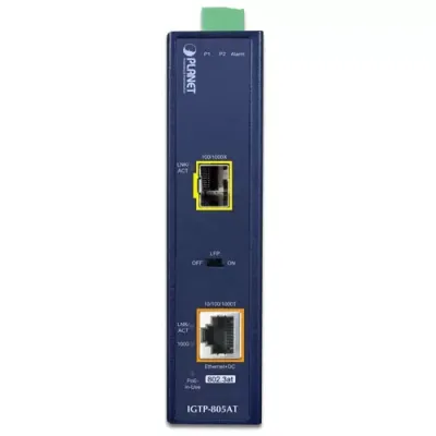 Planet - IGTP-805AT - IP30 Industrial 10/100/1000BASE-T to 100/1000BASE-X SFP Converter with 802.3at PoE+ (-40 to 75C, 12V~48V DC power boost, LFP Supported)