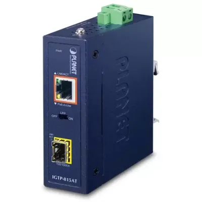 Planet - IGTP-815AT - IP30 Compact size Industrial 100/1000BASE-X SFP to 10/100/1000BASE-T 802.3at PoE+ Media Converter (-40 to 75 C)