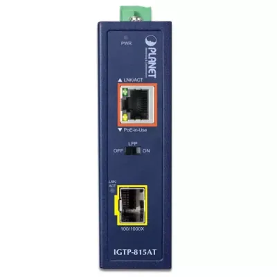 Planet - IGTP-815AT - IP30 Compact size Industrial 100/1000BASE-X SFP to 10/100/1000BASE-T 802.3at PoE+ Media Converter (-40 to 75 C)