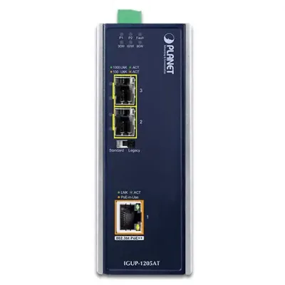 Planet - IGUP-1205AT - Industrial 2-Port 100/1000X SFP to 1-Port 10/100/1000T 802.3bt PoE++ Media Converter ( 802.3bt Type-4, PoH, Legacy mode support, -40 to 75 C, dual 12V~56V DC power boost, PoE Usage LED)