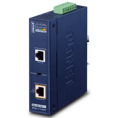 Planet - IPOE-171-95W - IP30, Industrial Single-Port Multi-gigabit 802.3bt PoE++ Injector (95 Watts, UPoE, Legacy mode support, PoE Usage LED, 10M/100M/1G/2.5G/5G speed, -40 to 75 C, 12V~48V DC power boost)