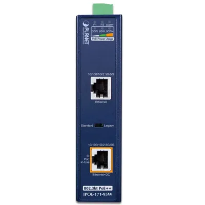 Planet - IPOE-171-95W - IP30, Industrial Single-Port Multi-gigabit 802.3bt PoE++ Injector (95 Watts, UPoE, Legacy mode support, PoE Usage LED, 10M/100M/1G/2.5G/5G speed, -40 to 75 C, 12V~48V DC power boost)