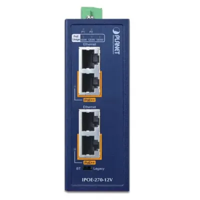 PLANET - IPOE-270-12V - Industrial 2-port Multi-Gigabit 802.3bt PoE++ Injector Hub w/12V Booster (-40~75C, 12~54VDC)