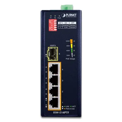 Planet - ISW-514PTF - IP40 4-Port 10/100TX 802.3at PoE + 1-Port 100FX SFP Industrial Fast Ethernet Switch