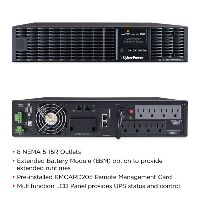 CYBERPOWER - OL1500RTXL2UN - 1500VA/1350W, 0.9PF, Pure Sine Wave, 2U, NEMA 5-15P, 10 ft cord, 8 NEMA 5-15R, USB, Serial, RMCARD205 pre-installed, Relay, EPO, PowerPanel Business Edition software, 3 year warranty