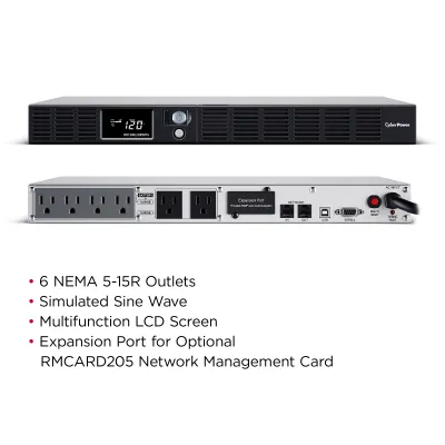 CYBERPOWER - OR1500LCDRM1U - 1500VA/900W 1U Rackmount UPS, 6 NEMA 5-15R Outlets, NEMA 5-15P Plug, 10 Ft. Cord, LCD, AVR, USB, Relay, SNMP, PowerPanel Business Software, 3 Year Warranty