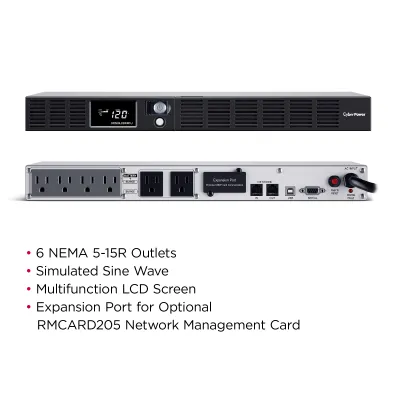 CYBERPOWER - OR500LCDRM1U - 500VA/300W 1U Rackmount UPS, 6 NEMA 5-15R Outlets, NEMA 5-15P Plug, 10 Ft. Cord, LCD, AVR, USB, Relay, SNMP, PowerPanel Business Software, 3 Year Warranty
