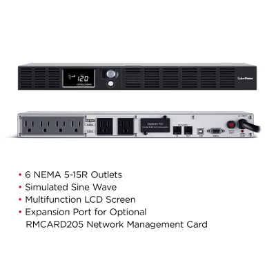 CYBERPOWER - OR700LCDRM1U - 700VA/400W, Simulated Sine Wave, 1U, NEMA 5-15P, 10 ft cord, 6 NEMA 5-15R, USB, Serial, SNMP, PowerPanel Business Edition software, Yes, 3 year warranty