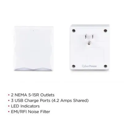 CYBERPOWER - P2WU - 2-Outlet Surge Protector with 3 USB 4.2A Type A, 500 Joules, Wall Tap, White, $50,000 CEG