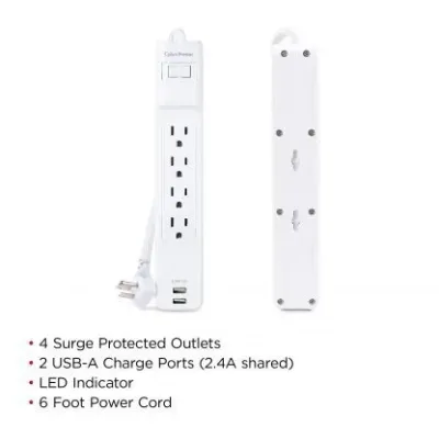Cyber Power - P406U - Surge 4 Outlets 6 FT Cord 2 USB A
