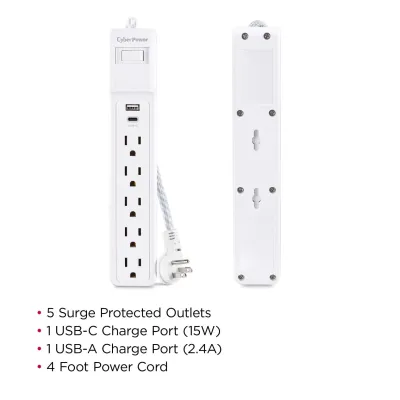 Cyber Power - P504UC - 5-Outlet Surge Suppressor - 4 FT Cord 1 USB A 1 USB C