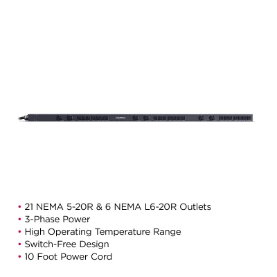 Cyber Power - PDU13102 - 3-Phase Basic PDU, 20A/208V, 0U, (21) NEMA 5-20R + (6) NEMA L6-20R, NEMA L21-20P