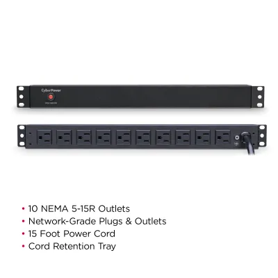Cyber Power - PDU15B10R - 15A (Derated to 12A), 120 V, 50Hz/60Hz, NEMA 5-15P plug, 10 NEMA 5-15R, 1U Rackmount, 15 ft Cord