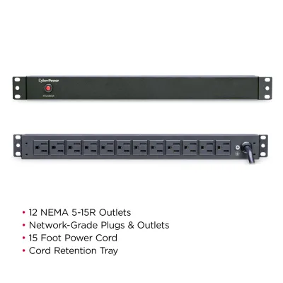 Cyber Power - PDU15B12R - 15A (Derated to 12A), 120 V, 50Hz/60Hz, NEMA 5-15P plug, 12 NEMA 5-15R, 1U Rackmount, 15 ft Cord
