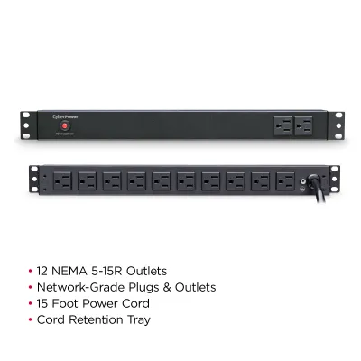 Cyber Power - PDU15B2F10R - 15A (Derated to 12A), 120 V, 50Hz/60Hz, NEMA 5-15P plug, 12 NEMA 5-15R, 1U Rackmount, 15 ft Cord